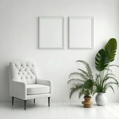 Blank picture frame mockup on white wall Modern Generative AI