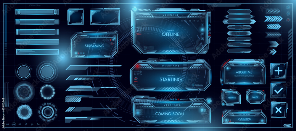 Aufkleber Futuristic game interface, hud holograms collection. Ui space frame, scifi button monitor or panel, frames and buttons, digital science menu. Blue glowing elements. Vector illustration template