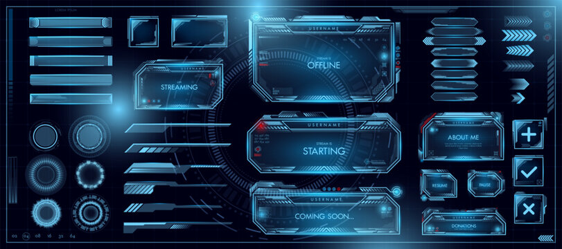 Futuristic game interface, hud holograms collection. Ui space frame, scifi button monitor or panel, frames and buttons, digital science menu. Blue glowing elements. Vector illustration template