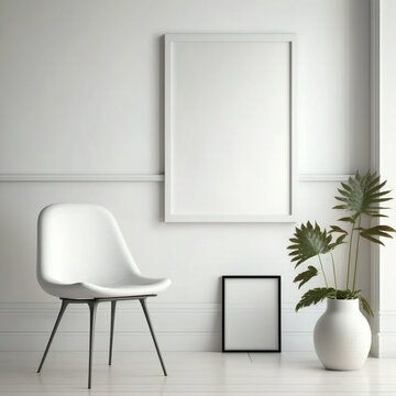 Blank picture frame mockup on white wall Modern Generative AI
