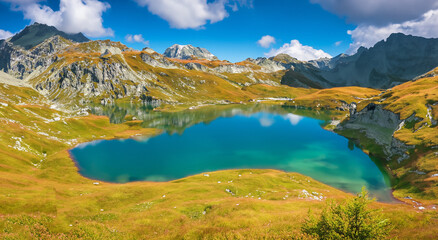 Obraz premium Beautiful autumn landscape with a large lake and a mountain in the background