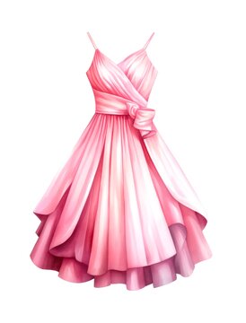 Pink female dress isolated on white background in watercolor style. Generative AI.