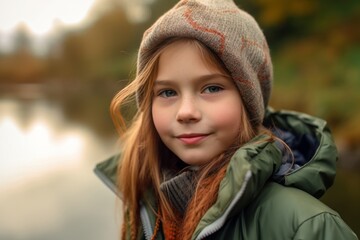 Portrait of a cute little girl in a warm hat and green jacket.