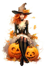A woman in a witch costume sitting on a pumpkin. Generative AI.