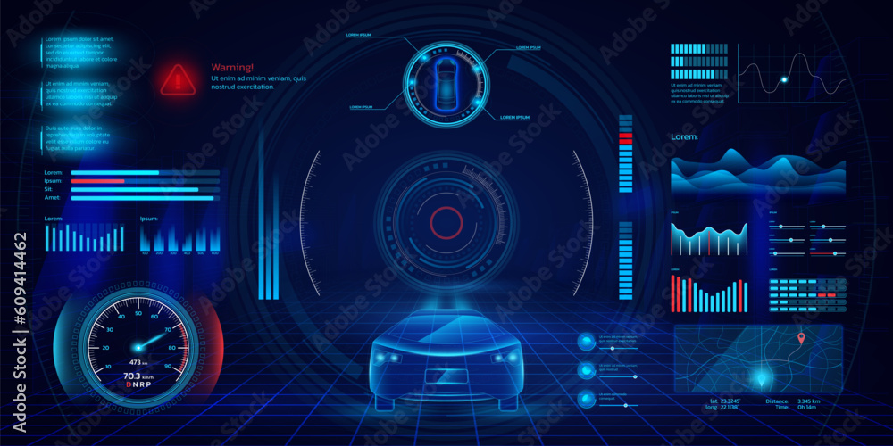 Poster Smart car dashboard. Autonomous digital interface. Futuristic HUD wireframe. AI scan screen. GPS or speedometer. Automobile viewfinder. Infographic panels. Vector UI hologram design