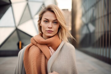 Portrait of a beautiful young woman in a beige coat and scarf on the street.