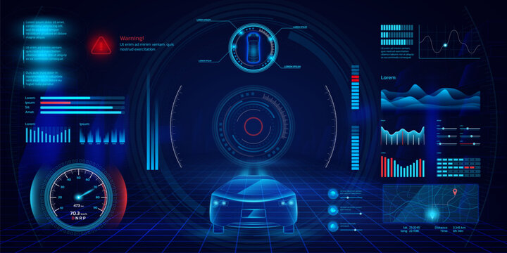Smart car dashboard. Autonomous digital interface. Futuristic HUD wireframe. AI scan screen. GPS or speedometer. Automobile viewfinder. Infographic panels. Vector UI hologram design