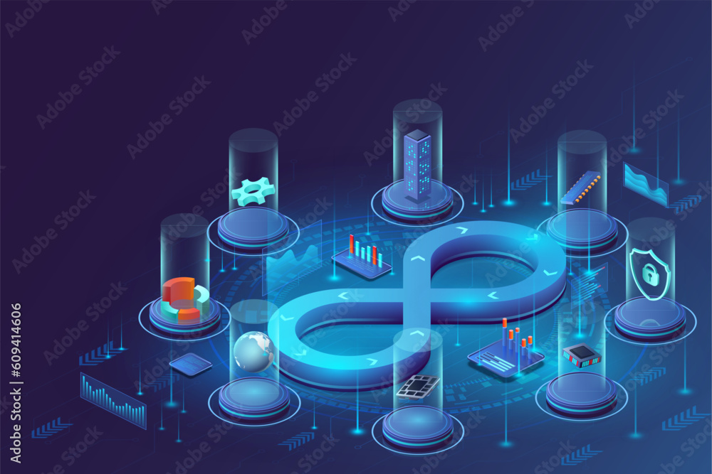 Poster Isometric DevOps. AI technology. 3D infinity icon. API product developer. Data release in cloud. Programming test. Development process. Internet connection. Vector abstract background