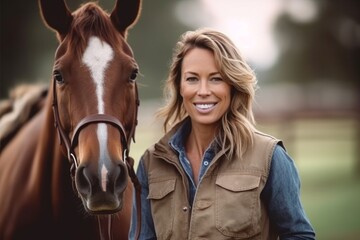 Portrait of a beautiful woman with her horse in the countryside.
