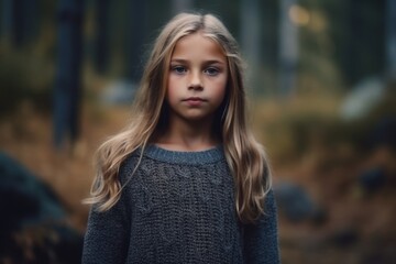 Portrait of a beautiful little girl with long blond hair in the autumn forest