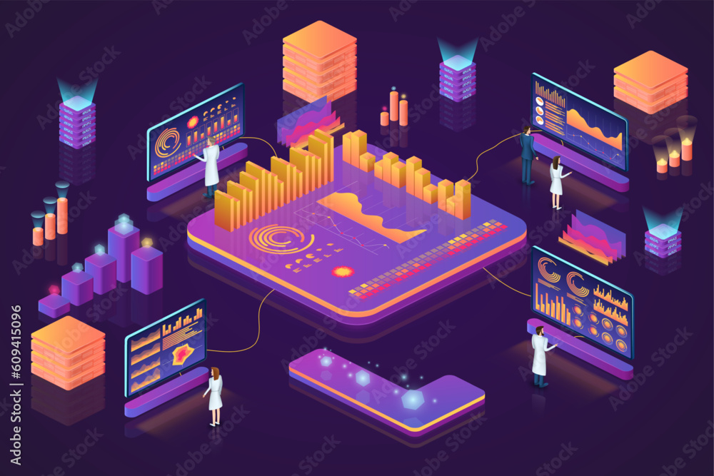 Aufkleber Digital data technology. Isometric 3D infographics. Dashboard analysis and business process. Web database and people. Searching solution. Cubes and statistic charts. Vector background