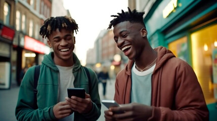 happy gay couple. two young men laughing while looking at their cell phones. Generative Ai. 