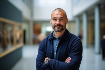 Medium shot portrait photography of a pleased man in his 30s that is wearing a chic cardigan against an art gallery or museum background . Generative AI