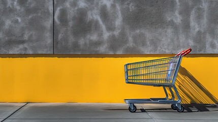Empty shopping cart at parking area, yellow wall, AI generative
