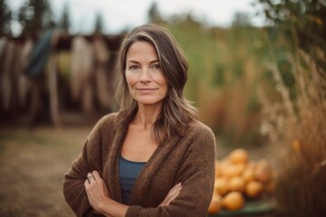 Obraz premium Portrait of a beautiful woman with long hair in a brown sweater against the background of autumn nature.