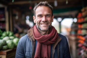 Obraz premium Portrait of smiling middle-aged man standing in front of a market stall