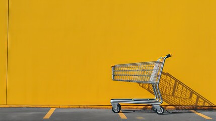 Empty shopping cart at parking area, yellow wall, AI generative
