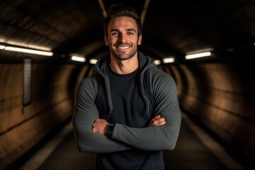 Portrait of a handsome young man smiling with arms crossed in a tunnel