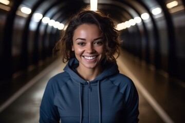 Portrait of smiling sporty woman looking at camera in a tunnel