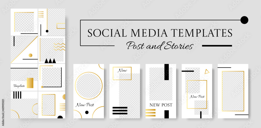 Poster Instagram post templates. Social media layouts with transparent grid. IG highlights. Golden geometric shapes. Circles and squares. Puzzle and story frames set. Vector design background