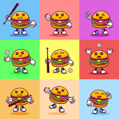 Vector illustration of kawaii burger cartoon character with baseball bat and ball. Vector eps 10