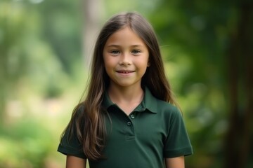 Cute little girl smiling in the park. Close up portrait.