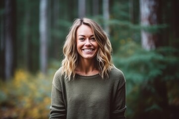 Portrait of a beautiful woman smiling in the forest. Smiling woman looking at camera.