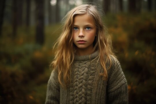 Portrait of a little girl in the autumn forest. Selective focus.