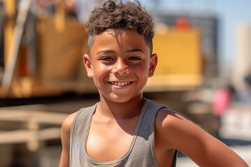 Portrait of a cute African American boy on the construction site.