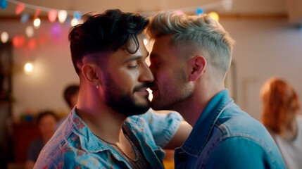 two gay men have their faces close enough to make it look like they're kissing. Generative Ai. 