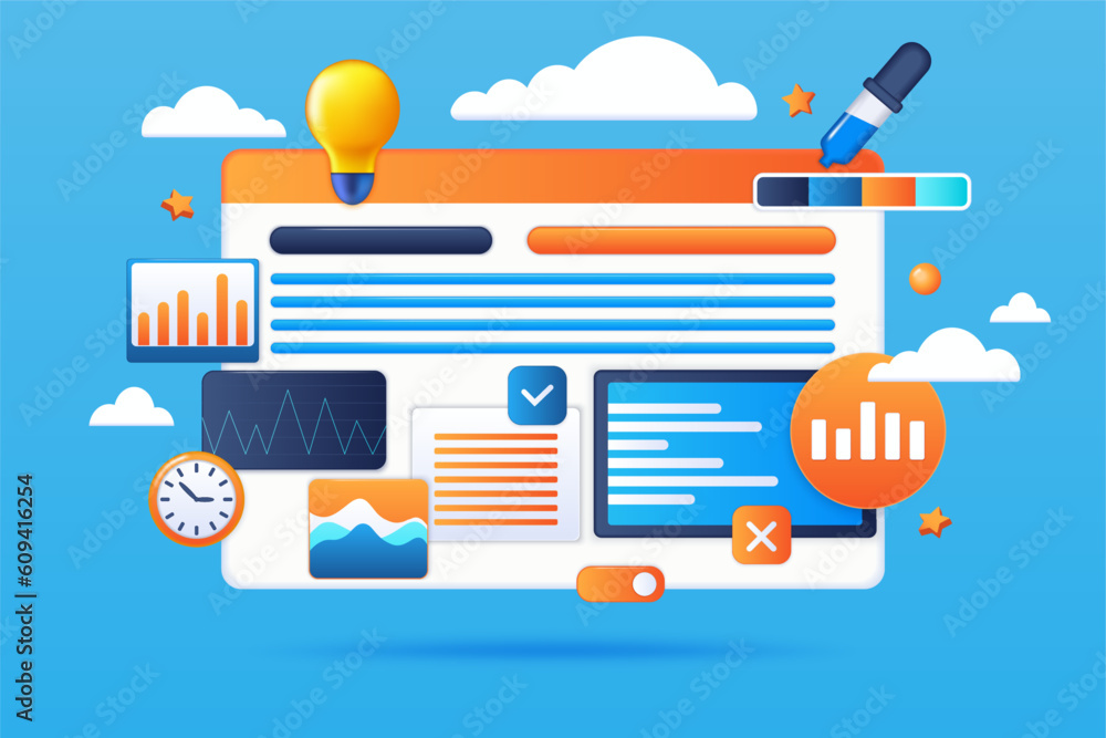 Fototapete Web design. 3D UI render graphic. Website software. Internet interface creating. Digital developers. Computer webpage. Browser window redesign for marketing. Vector illustration concept