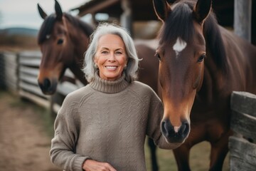 Medium shot portrait photography of a satisfied woman in her 60s that is wearing a cozy sweater against an equestrian or horse background . Generative AI