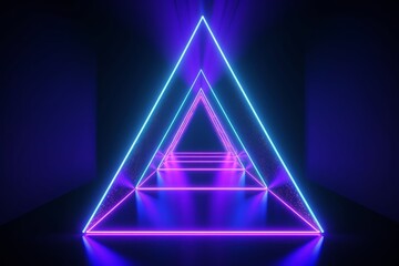 3d render, neon light triangle, virtual reality, triangular esoteric portal, tunnel, corridor, ultraviolet abstract background, laser show stage, fashion catwalk podium, floor, Generative AI - obrazy, fototapety, plakaty