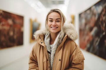 Portrait of smiling young woman in coat looking at paintings in museum