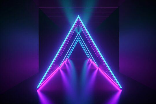 3d render, neon light triangle, virtual reality, triangular esoteric portal, tunnel, corridor, ultraviolet abstract background, laser show stage, fashion catwalk podium, floor, Generative AI © Divyesh