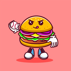 Vector illustration of kawaii burger cartoon character with baseball bat and ball. Vector eps 10