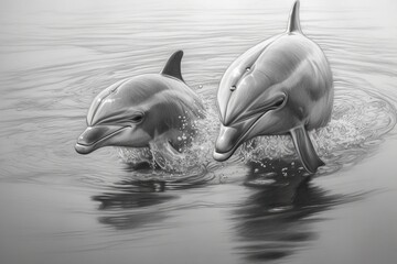 Dolphins drawing, dolphins pencil drawing vintage. Generative Ai.
