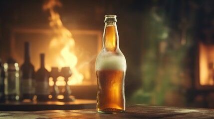 Half bottle of Cold beer on the table fire burning at the background very elegant setting and dramatic lighting