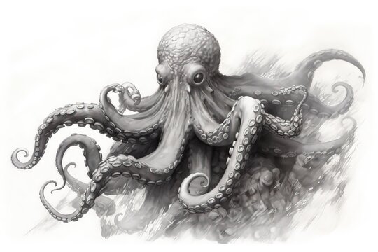 Octopus pencil drawing vintage. Generative Ai.