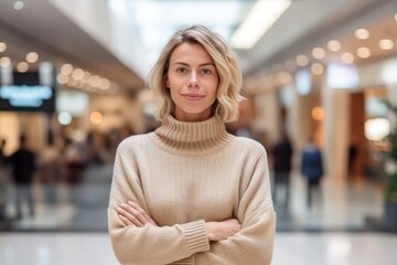 Portrait of a beautiful young woman in beige sweater standing with arms crossed in shopping mall