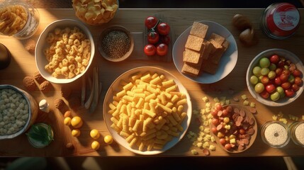 Obraz na płótnie Canvas Breakfast table full of cereal popcorn chips tomatoes and breads 