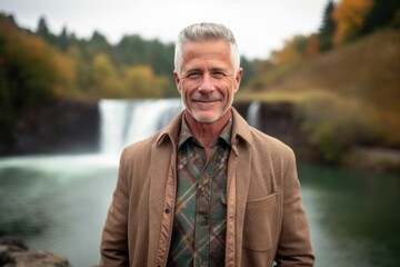 Portrait of a smiling senior man standing by a waterfall in autumn