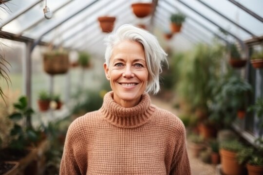 Medium shot portrait photography of a satisfied woman in her 50s that is wearing a cozy sweater against a greenhouse or conservatory background . Generative AI