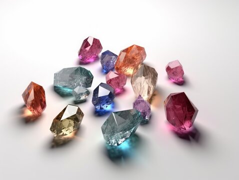 3d render, assorted colored spiritual crystals isolated on white background, reiki healing quartz, rough nuggets, faceted gemstones, semiprecious gems, Generative AI