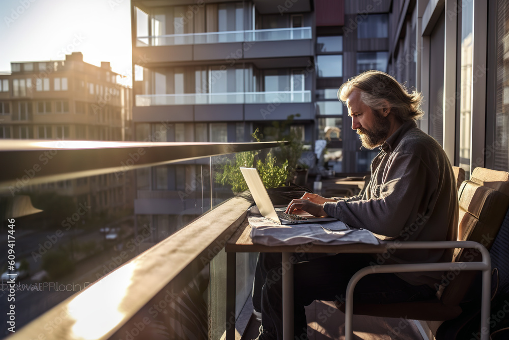 Poster a man sitting on a balcony using a laptop computer. generative ai. professional freelancer working f