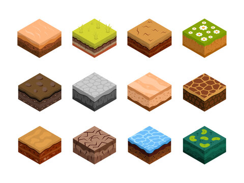 Isometric soil. Land nature surface. 3D ground cubes. Game sand desert. Stone pavement. Grass lawn. Isometry field parts with cracks. Square sections with layers. Vector earth textures set