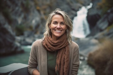 Portrait of smiling woman sitting in front of waterfall in the forest