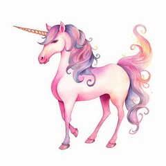 Obraz na płótnie Canvas watercolor pink unicorn illustration, fairy tale creature, magical animal clip art, isolated on white background, Generative AI