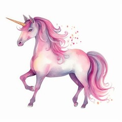 watercolor pink unicorn illustration, fairy tale creature, magical animal clip art, isolated on white background, Generative AI