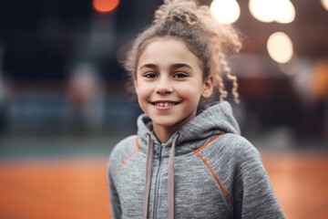 Portrait of a smiling little girl in sportswear outdoors.